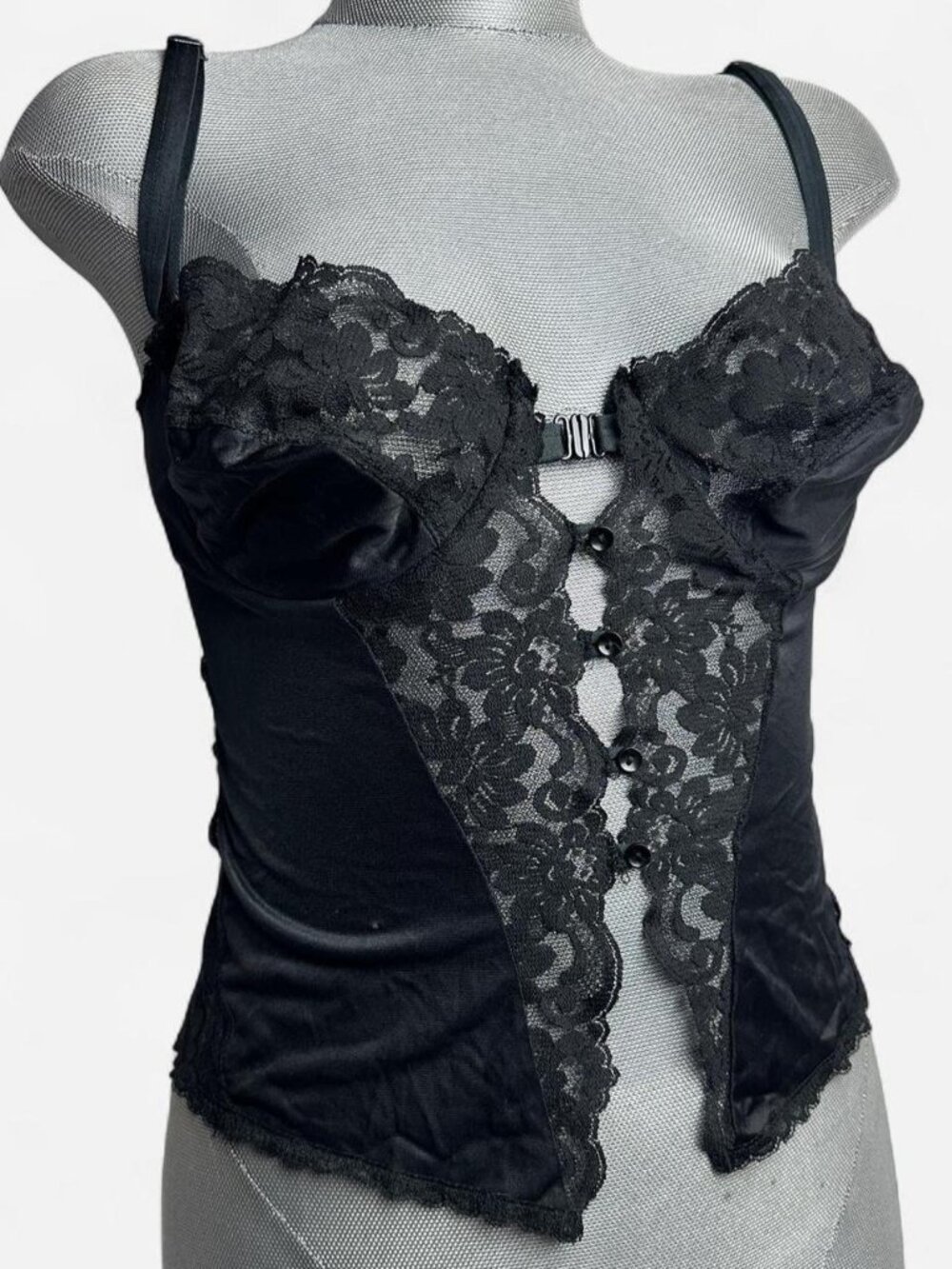 Vintage Frederick’s of Hollywood Black satin & lace corset top 38C